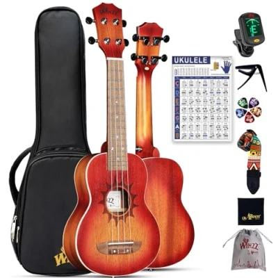 Abbildung von Winzz Ukulele Kinder Sopran, Erwachsene Anfänger Set Mahagoni Holz, 21 Zoll Einsteiger, Einzigartige Kaufen Geschenke (Carbon Saiten, Matte Sunburst)