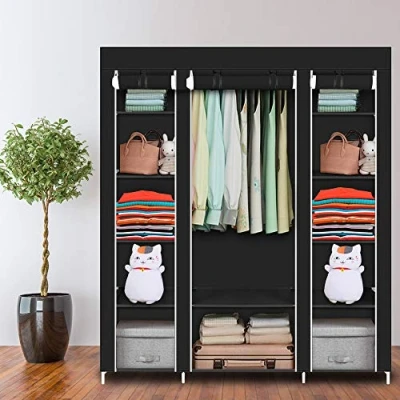 Abbildung von Oshion Kleiderschrank Faltschrank Stoffschrank Faltbare Garderobe Canvas mit Reißverschluss Kleiderstange, Fächern (150 x 45 175 cm schwarz)