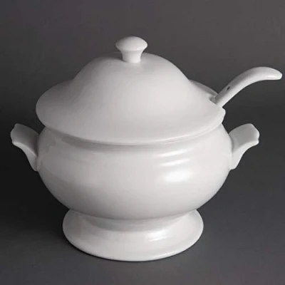 Abbildung von Olympia Whiteware Suppenterrine und Schöpfkelle, 2,5 Liter, weißes Porzellan, Größe: 227 x 250 mm, ofen , mikrowellen spülmaschinen gefriergeeignet, BS4034 zertifiziert, Y094