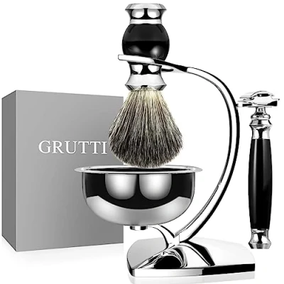 Abbildung von GRUTTI Rasierpinsel Set für Männer, Manuelle Rasierkit mit Rasierhobel Ständer und Rasierschale Dachshaar Imitat (Klinge Nicht Enthalten),Luxuriös Herren Geschenk