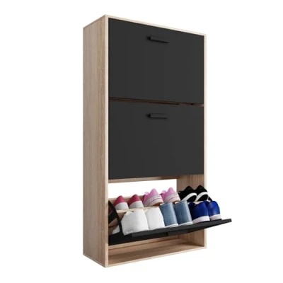 Abbildung von CASABEL Schuhschrank für 18 Paar große Kapazität den Eingangsbereich L 60 x T 24 H 113 cm schwarze Türen, Rahmen aus hellem Holz