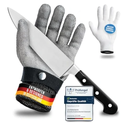Abbildung von LAUTER SCHUTZ ® Schnittschutzhandschuh aus Edelstahl Draht hoher komfort &amp; sicheres Schneiden praktisch, leicht zu reinigen lebensmittelecht inklusive Baumwoll Handschuh (XL)