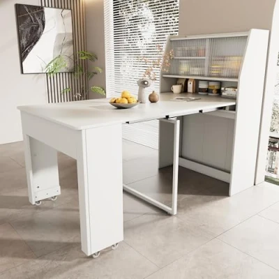 Abbildung von Merax Ausziehbar Esstisch, Esszimmertisch mit Stauraum, Multifunktional Küchentisch für Wohnzimmer und Esszimmer, Weiß, L52/132,5 x B80 H76 cm