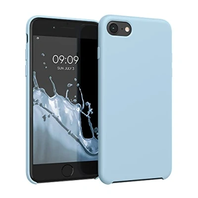 Abbildung von kwmobile Hülle kompatibel mit Apple iPhone SE (2022) / (2020) 8 7 Silikon Handy Case Handyhülle weiche Oberfläche kabelloses Laden Pastellblau