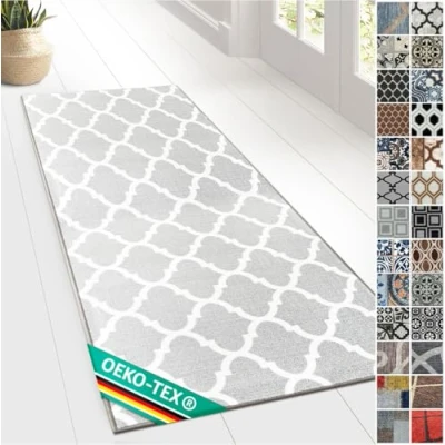 Abbildung von Floordirekt Teppichläufer mit Muster maßgefertigter Feinschlingen Teppich Läufer für Küche, Flur &amp; Wohnraum Ornament Vintage Orient Gitter (80 x 100 cm, Navan)