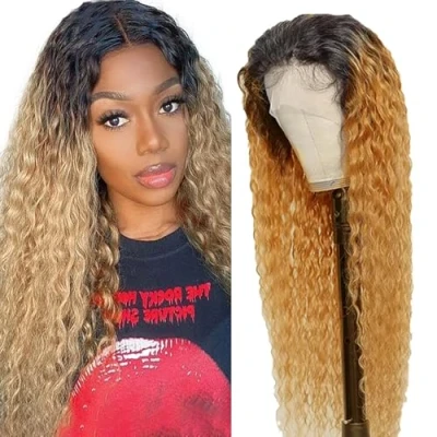 Abbildung von Lakaisa Perücke Echthaar Damen 4X4 Lace Front Human Hair Wig Glueless Wear and Go Kinky Curly Unprocessed Brazilian 180% Density Blond Color No Smell 18 Zoll