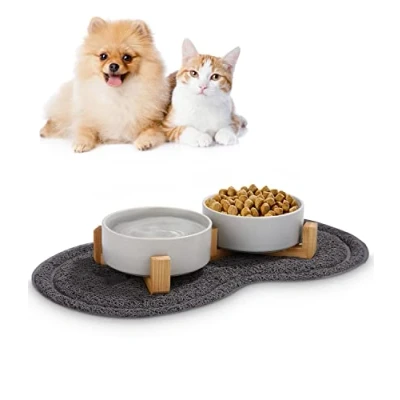Abbildung von JOFLVA Futternapf Hund Keramik Katze Doppelt für Hunde und mit Bambus Ständer Rutschfester Unterlage (400ml, 2 Grau)