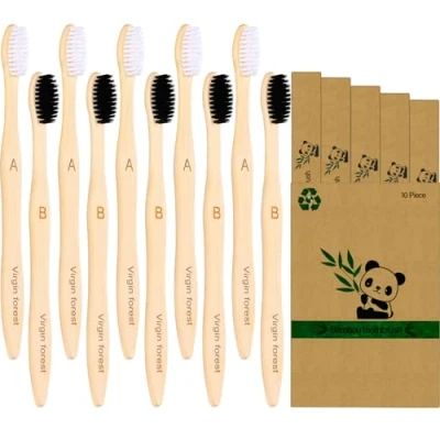 Abbildung von Bambus Zahnbürste, Umweltfreundliche BPA freie Zahnbürste mit Weichen Borsten, Biologisch Abbaubare handzahnbürste, Zahnbürsten für Empfindliches Zahnfleisch, 10er Set