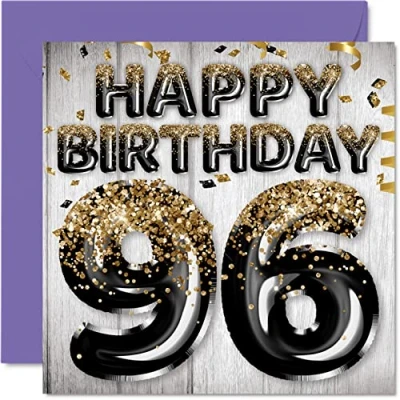 Abbildung von Stuff4 Geburtstagskarte zum 96. Geburtstag für Männer schwarze und goldene Glitzerballons Happy Karten 96 Jahre alten Mann Papa Great Grandad Grandpa Gran, 145 mm x Grußkarten Geschenk