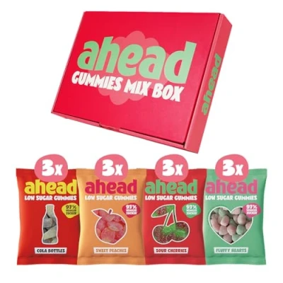 Abbildung von ahead Fruchtgummi Mixbox 12 x 50g Süßigkeiten Ohne Zuckerzusatz Nur 1g Zucker &amp; 73 Kalorie mit 97% Weniger Zucker* Low Carb 4 Sorten: Sweet Peaches, Cola, Sour Cherries
