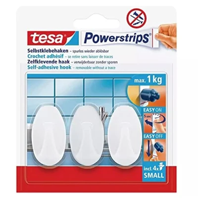 Abbildung von tesa Powerstrips Haken Small OVAL im 2er Pack Selbstklebender Wandhaken für Glas, Kacheln, Holz, Kunststoff und andere Untergründe Weiß 2 x 3 Klebehaken
