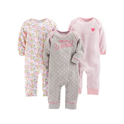 Abbildung von Simple Joys by Carter&#039;s Baby Mädchen 3 Pack Jumpsuits Infant and Toddler Rompers, Grau Herzen/Rosa Floral/Weiß Streifen, 0 Monate (3er Pack)