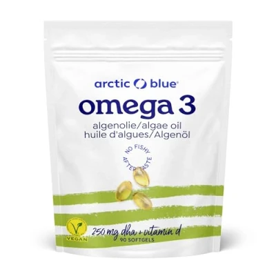 Abbildung von Arctic Blue Vegane Omega 3 Kapseln 90 Stück Algenöl mit Vitamin D3 hochdosiert DHA aus nachhaltigem, kontrolliertem Anbau und frei von Schadstoffen