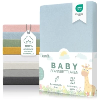 Abbildung von Laleni Premium Spannbettlaken 60/70 x 120/140 cm Babybett Oeko TEX zertifiziertes 60x120 Baby Kinderbettwäsche 70x140 aus 100% Baumwolle in Hellblau