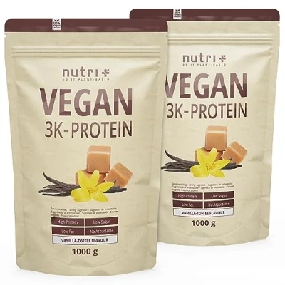 Abbildung von Nutri + Protein Pulver Vegan Vanilla Toffee 2 kg 80% Eiweiß 3k Proteinpulver Vanille Karamell Eiweißpulver Low Sugar Veganer Eiweißshake