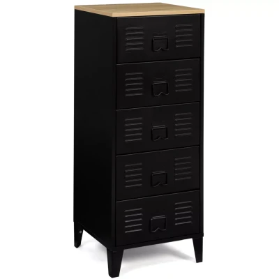 Abbildung von IDMarket Kommode mit 5 Schubladen, Ester, 40 cm, Metall, schwarz und Platte in Buche Optik, Industriedesign