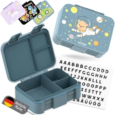 Abbildung von BEARFOOT Lunchbox Brotdose mit Fächern, leicht &amp; auslaufsicher Bär blau, PP, ABS, Silikon, Kindergarten und Schule Mädchen Jungen, Vesperbox, Snackbox