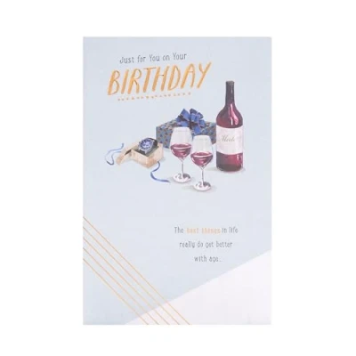 Abbildung von UK Greetings Geburtstagskarte für Ihn/Freund Uhr &amp; Wein Design Thinking of You Range