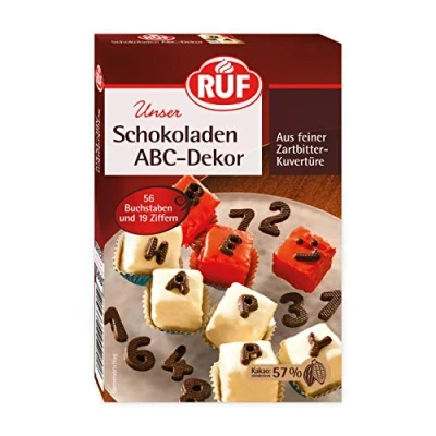 Abbildung von RUF Schokoladen ABC Dekor, Zahlen und Buchstaben aus Zartbitter Kuvertüre, zum Garnieren &amp; Dekorieren von Torten Kuchen, glutenfrei vegan, 1 x 48g