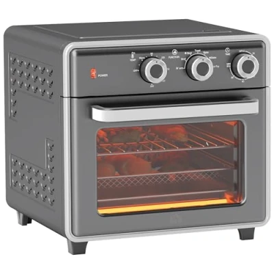 Abbildung von HOMCOM Minibackofen mit Umluft 20L, Backblech, Grillrost und Krümelblech, 90 C 230 C, 5 Modi, Frittierkorb, 60 Min. Timer, 1400W, Metall