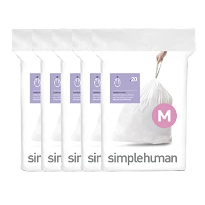 Abbildung von simplehuman Code M passgenaue Müllbeutel, 50% recyceltem PCR Kunststoff, 5 x Packung mit 20 (100 Stück), weißer Kunststoff