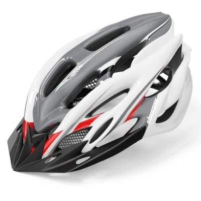 Abbildung von Shinmax Fahrradhelm Herren Damen mit Licht Fahrrad Helm Visier Superleicht Einstellbare MTB Erwachsenen Aufbewahrungstasche (Grau Weiß Rot)