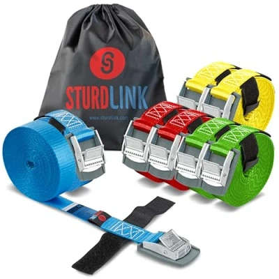 Abbildung von STURDLINK X8 Spanngurte 25 mm 250 daN mit Nockenschnalle, Schutz und Klettband 2X[2m 3m 4m 5m] + Tasche, für Befestigung an Fahrradträger, Kofferraum Dachgepäckträger, Auto, Anhänger, Umzug