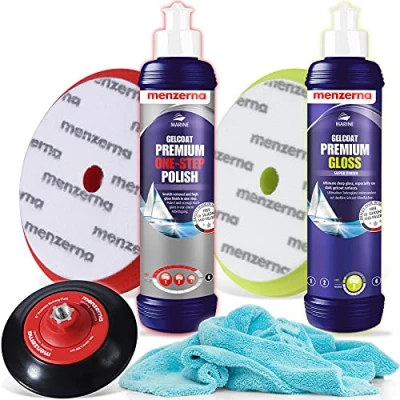 Abbildung von detailmate Menzerna Bootspolitur Ultra Glanz + Zubehör Set 250ml: Gelcoat Premium One Step Polish Gloss passende Pad Polierschwämme Stützteller Poliertuch