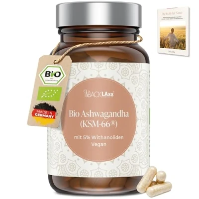 Abbildung von BACKLAXX® Bio Ashwagandha KSM 66® Premiumrohstoff original indische Schlafbeere natürlich, vegan, hochdosiert