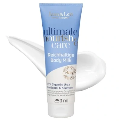 Abbildung von Jean &amp; Len Ultimate Nourish Care Body Milk, für sehr trockene Haut, spendet der Haut 48h Feuchtigkeit, mit Vitamin E, reichhaltige Körperlotion, ohne Parabene Silikone, vegan, 250 ml