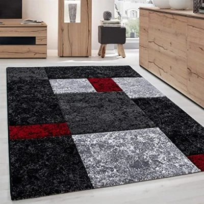 Abbildung von Carpettex Frisé Teppich Kariert Design, Rechteckig, Höhe: 13 mm, Wohnzimmer Rot Kurzflor Konturenschnitt Design