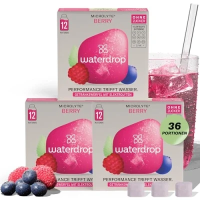 Abbildung von waterdrop® Microlyte Set BERRY Elektrolyte ohne Zucker 36 Waterdrop Drop Würfel &amp; Vitamine Getränk zur besseren Wasseraufnahme im Alltag Sport zuckerfrei, kalorienfrei vegan