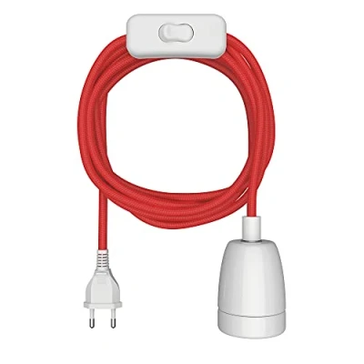 Abbildung von ledscom.de Textilkabel LEHA II, Stecker, Schalter, rot, weiß, 3 m, Porzellan Fassung, 1x E27 max. 300W, Kabel, Lampenkabel, Kabellampe, E27, Seil, Pendelleuchte, Lampenfassung,
