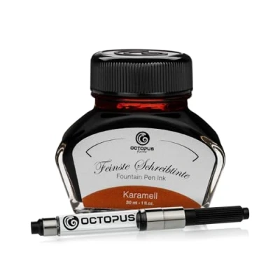 Abbildung von Octopus Fluids Füllhaltertinte im Tintenglas inklusive Konverter, Schreibtinte für Füllhalter, Füllertinte in Karamell 30ml mit Tintenkonverter