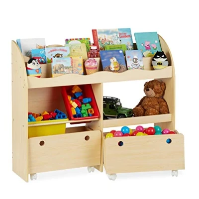 Abbildung von Relaxdays, Holzoptik Kinderregal, Spielzeug Aufbewahrung, Kunststoff Boxen, Bücherregal, MDF, HxBxT: 88 x 108 29 cm, Faserplatte