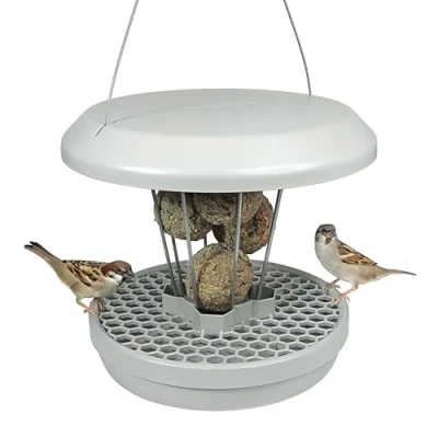 Abbildung von SWISSSWISSINNO Vogelfutterhaus zum Aufhängen Lucerne SMART Birds Meisenknödelhalter mit Auffangschale Futterstation Rattensicher Vogelfutterspender für 7 Meisenknödel Hellgrau