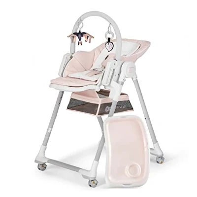 Abbildung von Kinderkraft LASTREE Hochstuhl Baby ab Geburt mit Liegefunktion, Kinderhochstuhl für ältere Kinder, Babyliege Spielbügel, Verstellbare Rückenlehne Tablett Fußstütze, Zusammenklappbar, Rosa