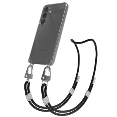Abbildung von EAZY CASE Handykette mit Karabiner kompatibel Samsung Galaxy S24 Hülle Silikon Fallschutz transparente Handyhülle für Kette zum Umhängen Schutzhülle in Schwarz Clips Silber