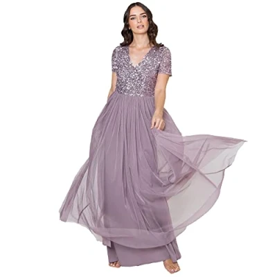 Abbildung von Maya Deluxe Abendkleid mit Pailletten Cocktailkleid Damen V Ausschnitt Tüllkleid Lila Größe 40