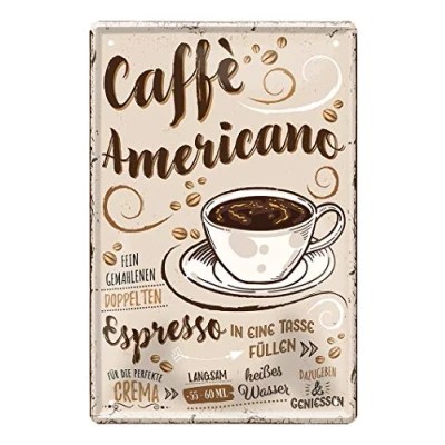 Abbildung von Caffe Americano Blechschild Retro Deko Kaffee Espresso Schild Metallschild zur Dekoration von Küche Kaffeeladen Kaffeehaus American Cafe Diner Bistro Anleitung Rezept zum Selbermixen 20x30cm