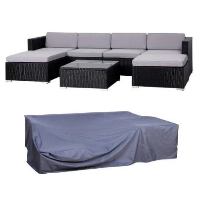 Abbildung von SVITA Gartenlounge Set LUGANO + Abdeckhaube, (1x Tisch, 2x Einzelsessel, Eckelement, Hocker, inkl. Kissen), Polyrattan, Sitzgruppe, Outdoormöbel, Schwarz