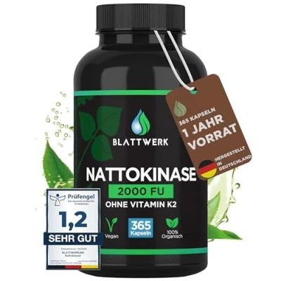 Abbildung von Nattokinase 2000 FU JAHRESVORRAT 365 Kapseln je 100mg (20.000 FU/g) Deutsche Herstellung hochdosiert Natto aus Soja 100% Vegan Laborgeprüft BLATTWERK