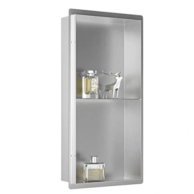 Abbildung von Bernkot Edelstahl Duschnische 60 * 30 10 cm gebürstet, mit doppelten Regalen Keine Fliesen erforderlich Wandnische zur Badezimmeraufbewahrung, flächenbündige Montage, FM603010 BRUSHED