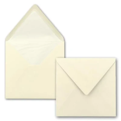 Abbildung von 100x Briefumschläge Quadratisch 16 x cm in Vanille (Creme) Umschläge mit weißem Seidenfutter Kuverts ohne Fenster &amp; Nassklebung Für Einladungskarten zu Hochzeit und Geburtstag