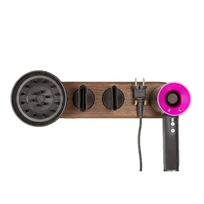 Abbildung von TentHome Haartrocknerhalter Magnetische Aufhänger Haartrockner Wandhalterung für Dyson Supersonic, Diffusor und Zwei Düsen, Kabelsteckerhalter Netzstecker Schnurhalter (Medium, Walnussholz)