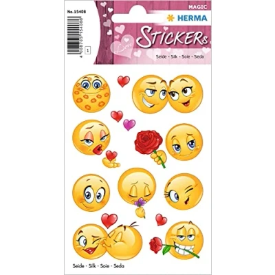 Abbildung von HERMA 15408 Aufkleber Smiley klein groß, 12 Stück, Belohnung Sticker aus Seide Stoff mit Emoji Gesicht Motiv, Kinder Etiketten für Valentinstag Liebe Fotoalbum Scrapbooking Geburtstag Deko Briefe