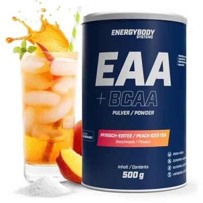 Abbildung von Energybody EAA Pulver mit BCAA 500g Pfirsich Eistee/EAAs enthält alle 8 essentiellen Aminosäuren/EAA vegan &amp; zuckerfrei