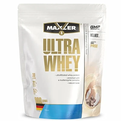 Abbildung von Maxler Ultra Whey Protein 22 g pro Portion Reines Pulver Molkenprotein Konzentrat, Isolat, Hydrolysat Mit BCAA Schokolade &amp; Kokoschips 900g