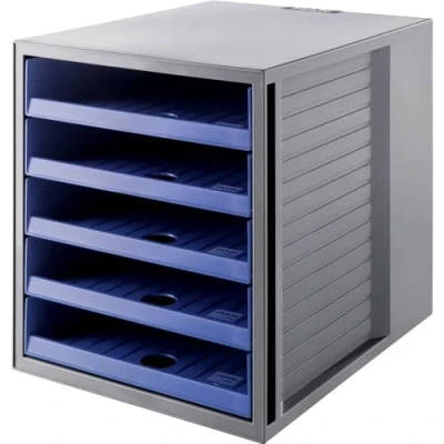 Abbildung von HAN Schubladenbox SCHRANK SET KARMA mind. 80% Recycling Kunststoff mit 5 offenen Schubladen für Unterlagen, Schreibtisch, Schrank, inkl. Auszugsperre, Gummifüße, 14018 16, lichtgrau / blau