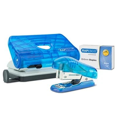 Abbildung von Rapesco 1719 Bug Heftgerät und 810 P 2 Locher Set mit 1000 26/6 mm Heftklammern, Transparent Blau